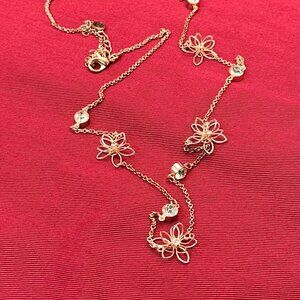C1946 Long Gold-Tone Flower & Clear Crystal Station Necklace